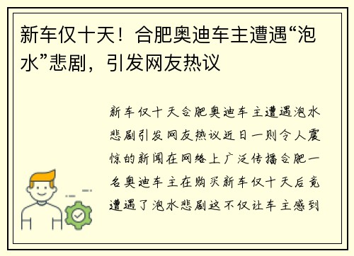 新车仅十天！合肥奥迪车主遭遇“泡水”悲剧，引发网友热议